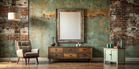 Interior wall poster mockup with old grunge furniture , poster, wall