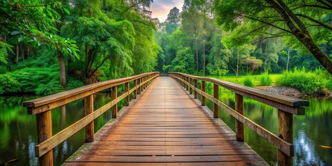 Wooden bridge crossing over serene river with lush greenery in the background, wooden, bridge, river, lush, greenery, nature