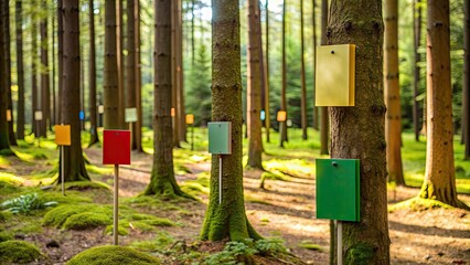 Various types of tree markers placed in a forest setting, tree, marker, forest, identification, plant, nature, wilderness, outdoor