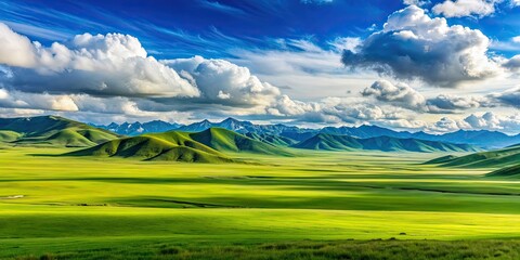 Obraz premium Vast green grassland in Bayanbulak Basin, China, grassland, Bayanbulak, China, Tian Shan Mountains, northwestern