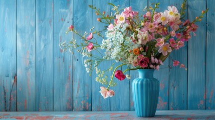 Fototapeta premium Floral arrangement in a blue vase on a table against a blue wooden wall
