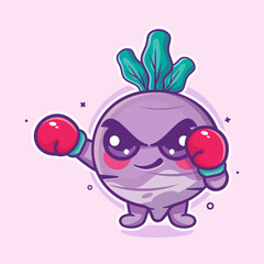 cute turnip vegetable character mascot playing boxing sport isolated cartoon in flat design