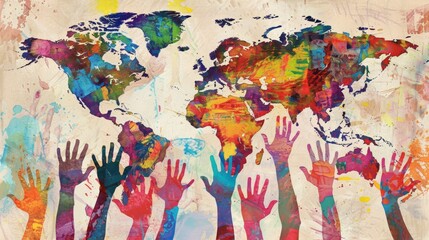 Naklejka premium Picture of many hands Raised sideways in multi-colored world map in background. International Democracy Day.