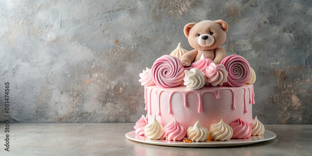 Canvas Prints Pastel pink birthday cake with chocolate teddy bear