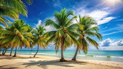 Tropical beach scene with coconut palm trees , paradise, sandy shore