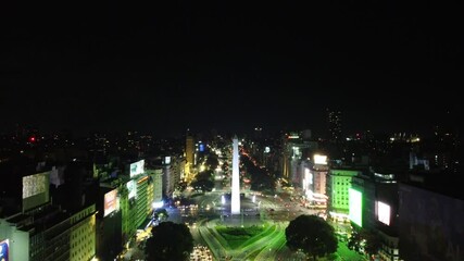 drone view -  Buenos Aires seen from above: 9 de Julio avenue and Buenos Aires Obelisk (Obelisco de Buenos Aires) at night 