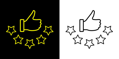 Customer review rating with 5 stars and thumb up feedback. Five star rating badge, review rating icon.