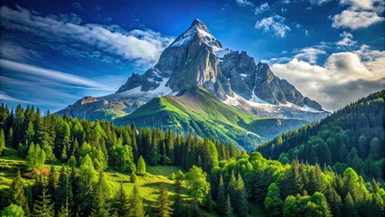 Fototapeta premium Majestic mountain peak surrounded by lush green forest and clear blue skies , nature, mountains, majestic, splendor
