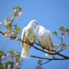 Obraz premium Two lovebirds on a branch with leaves in spring