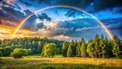 Obraz premium Rainbow over sunlit forest, trees sparkling after rain, rainbow, horizon, sunlit, forest, trees, sparkling, rain, nature