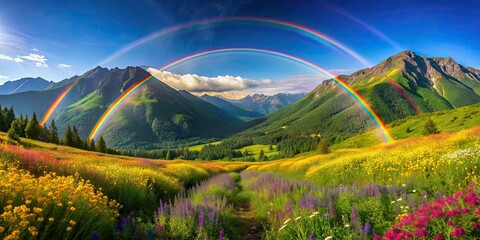 Fototapeta premium Rainbow connecting two mountains, spanning over a vibrant valley of summer flowers with a clear blue sky , rainbow, mountains