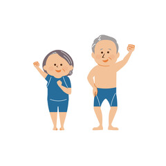 水着を着てガッツポーズをする男女のシニア　イラスト