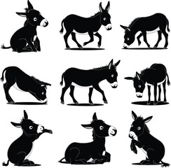 Donkey silhouette vector illustration set collection black on white background