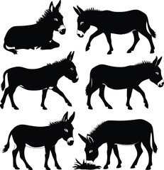 Donkey silhouette vector illustration set collection black on white background