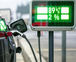 Close-up of an electric car charging station with increasing energy price display, electric vehicle cost, sustainable transport