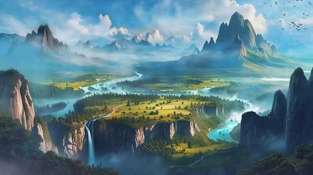 Fantasy landscape with hills, in a smooth looping background with 4K video animation 