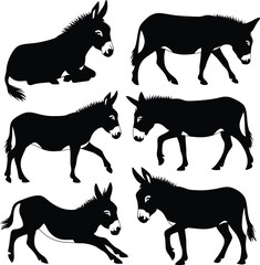 Donkey silhouette vector illustration set collection black on white background