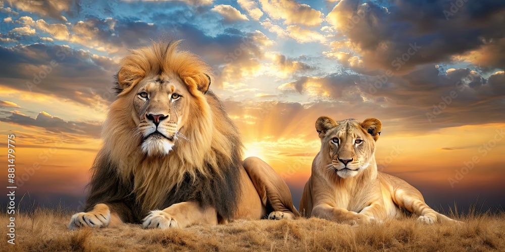 Poster Majestic lion and lioness resting in the African savannah, African, wild, animals, nature, predator, carnivore, safari, wildlife