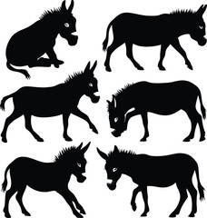 Donkey silhouette vector illustration set collection black on white background