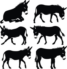 Donkey silhouette vector illustration set collection black on white background