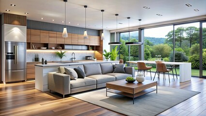Fototapeta premium Modern open concept kitchen and living room design with sleek appliances, minimalist furniture, and natural light