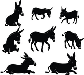 Donkey silhouette vector illustration set collection black on white background