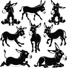 Donkey silhouette vector illustration set collection black on white background