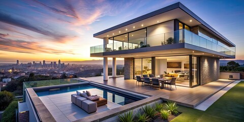 Fototapeta premium Luxurious modern home with stunning cityscape views at dusk , luxury, modern, home, house, cityscape, twilight, evening