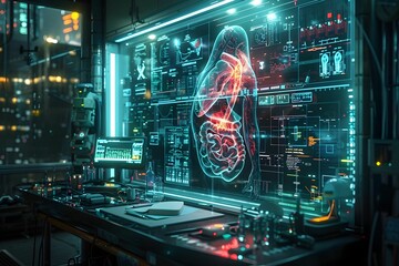 A computer monitor displays a brain with red and blue colors
