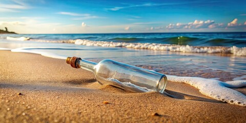of a message in a bottle on a deserted beach , communication, discovery, castaway, stranded, ocean,hope, help, SOS, rescue