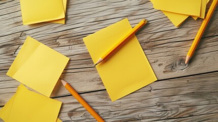 Arrangement of sticky notes and pencil on office desk from above