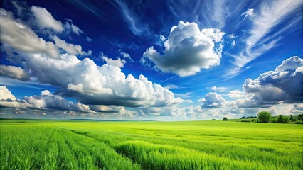 Lush green field under blue sky with white clouds, green field, grass, nature, outdoor, agriculture, landscape, summer