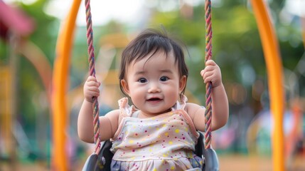 Adorable Baby Girl Enjoying Swing Time at Playground with Happy Expression and Gripping Ropes