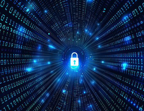 
Blue binary code with keyhole on black background, cyber security concept vector illustration design. Digital technology and data protection symbol for web banner poster presentation