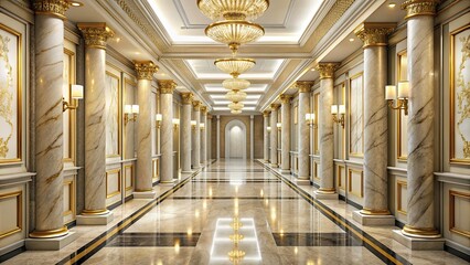 Obraz premium Luxurious hallway with marble pillars and gold accents, luxury, elegant, interior design, architecture, grand, opulent
