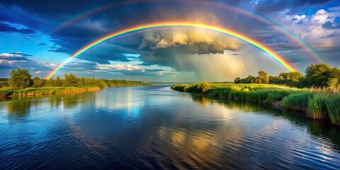 Naklejka premium Rainbow arcing over a calm river, nature, colorful, vibrant, scenery, water, reflection, peaceful, serene