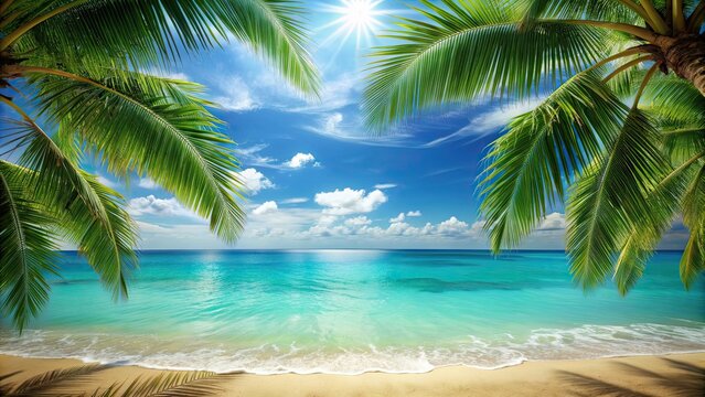 Menu background with a tropical beach, palm trees, and turquoise sea , summer, vibes, vacation, travel, paradise, relaxation, exotic