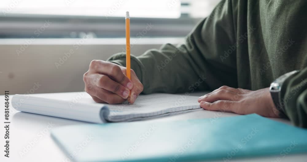 Poster education, hands and writing with student at desk in classroom of school for assessment, exam or tes