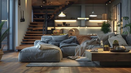Cozy house interior with wooden floor and large gray sofa