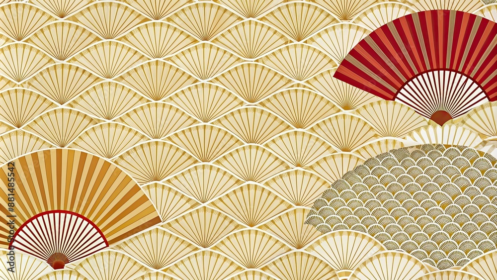 Poster Modern Japanese fan pattern on geometric background , Japan, fan, pattern, modern, design, traditional, culture, geometric