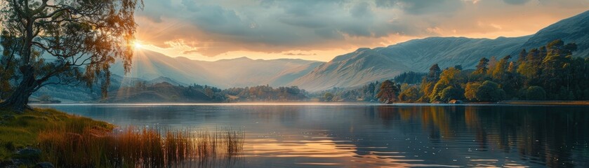 Fototapeta premium Stunning Sunset Over Serene Mountain Lake with Lush Greenery and Dramatic Sky