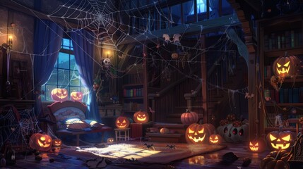 Discover an anime-inspired Halloween haven a charmingly spooky room featuring artful cobwebs, playful bats, and glowing jack-o'-lanterns.