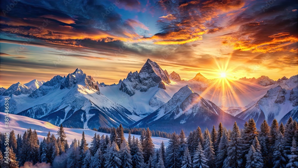 Wall mural Majestic sunrise over snow-capped mountains, morning, dawn, scenic, landscape, nature, sky, sunlight, beauty