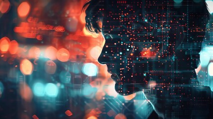 Silhouette of a person with digital data overlay, symbolizing the intersection of humanity and technology in a modern, interconnected world.