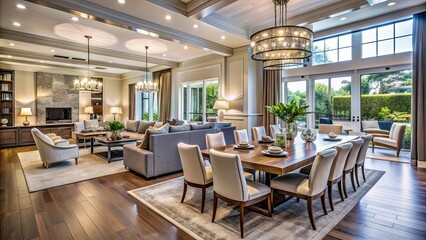 Luxurious open-concept dining and living area in a high-end home setting, modern, sophisticated, elegant