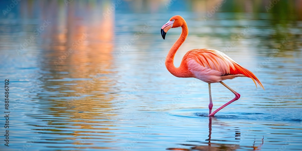 Poster Pink flamingo gracefully wading through the water, pink, flamingo, wading, water, bird, wildlife, tropical, feathers