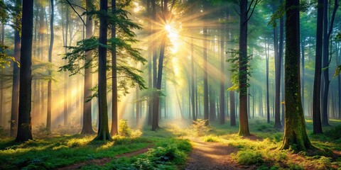 Mysterious misty forest with soft sunlight filtering through the trees, morning, fog, woods, trees, nature, peaceful, serene