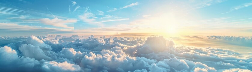 Fototapeta premium A breathtaking aerial view above the clouds at sunrise with a clear blue sky and vibrant colors, capturing the beauty and serenity of nature.