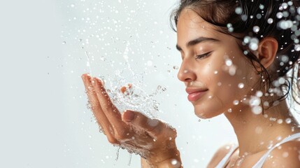 Fototapeta premium Playful woman with splashing water on white.