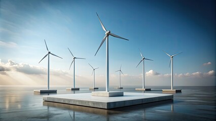 Minimalist of levitating wind turbines on a platform, levitation, wind energy, eco-friendly, futuristic, technology